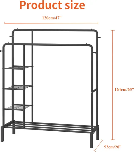 Vista 7 de JOISCOPE Perchero resistente de 47 x 65 pulgadas, perchero de ropa de doble barra para colgar ropa, perchero con estantes de armario de 4 niveles