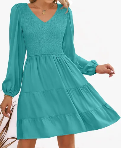 Vista 2 de ZESICA Minivestido casual con cuello en V y manga larga fruncida y cintura alta fruncida con volantes en línea A