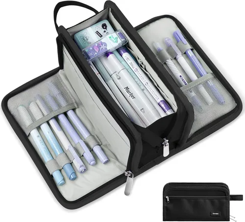 Vista 9 de Sooez Estuche grande para lápices, bolsa para lápices de gran capacidad con 3 compartimentos, organizador portátil de artículos de papelería de lona