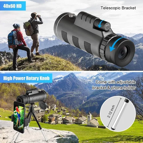 Vista 3 de Telescopio monocular con zoom de teleobjetivo, 40 x 60 HD, alta potencia, con soporte para teléfono inteligente y trípode IPX4, impermeable, BAK4
