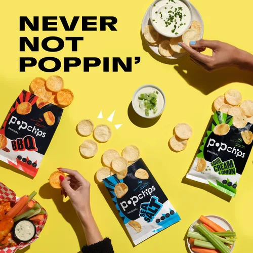 Vista 2 de Popchips Paquete variado de papas fritas, porciones individuales de 0.8 onzas (paquete de 24), 4 sabores: 8 sal marina, 8 barbacoa, 4 crema agria