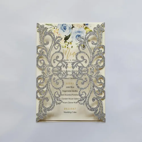 Vista 18 de 25 tarjetas de invitaciones de boda cortadas con láser de terracota con sobres, hojas interiores en blanco, cintas para boda, despedida de soltera
