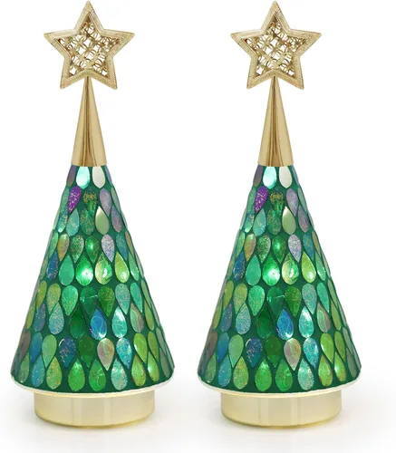 Vista 10 de Árbol de Navidad de vidrio con mosaico dorado con estrella, 2 piezas de árboles de Navidad pequeños de mesa con luz, árbol de Navidad a