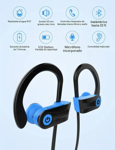 Vista 2 de Auriculares Bluetooth, auriculares deportivos inalámbricos Otium, impermeables IPX7 con micrófono, auriculares intraurales estéreo HD, funda Azul
