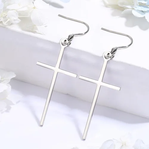 Vista 6 de HAIAISO 3 pares de aretes de cruz de acero inoxidable clásicos de oro rosa, plata y cruz colgantes, joyería de cruz minimalista para mujer