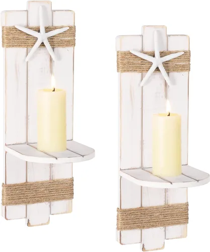 Vista 9 de SOMTO Apliques de Pared con Velas de Estrella de Mar de Playa, Portavelas de Pared con Temática Oceánica, Decoraciones Rústicas Náuticas Costeras
