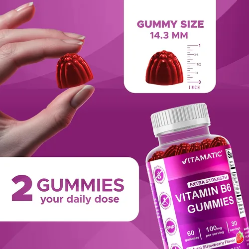 Vista 3 de Vitamatic Vitamina B6 100mg - Sabor a Bayas - 60 Gomitas a Base de Pectina - Apoya el Sistema Nervioso
