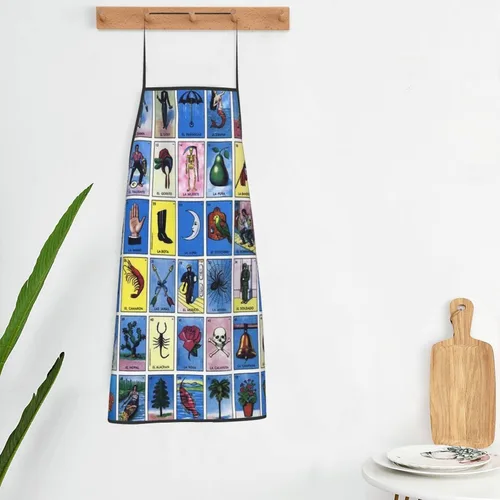 Vista 5 de Coloridas tarjetas de bingo mexicanas delantales impermeables delantales de chef delantales babero delantales para mujeres hombres cocina cocina