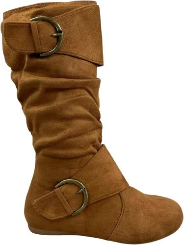 Vista 3 de FZ-Fits Botas de media pantorrilla con hebilla de punta redonda cerrada y hebilla lateral con cremallera lateral para mujer