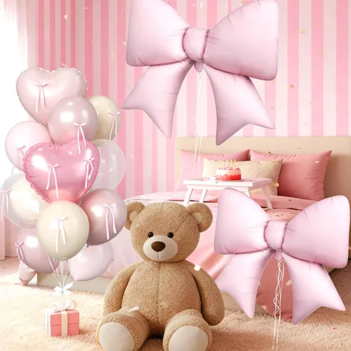 Vista 7 de 16 globos de corazón rosa, globos de lazo de 38 pulgadas, globo transparente rosa perla de doble relleno y arco en forma de corazón globo