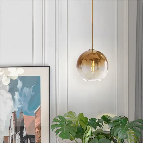 Vista 8 de KCO Moderna lámpara colgante de globo de vidrio de 1 luz, lámpara colgante de latón cepillado minimalista de mediados de siglo, lámpara colgante