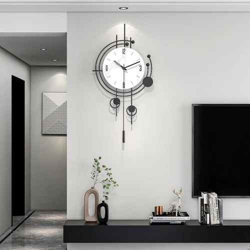 Vista 8 de Reloj de pared grande para decoración de sala de estar, reloj de pared decorativo moderno en negro con péndulo, de madera, funciona con pilas, sin