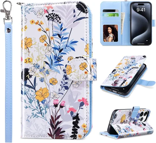 Vista 36 de ULAK Funda tipo cartera compatible con iPhone 15 Pro con tarjetero y diseño de flores, para mujeres y niñas, piel sintética, con función atril