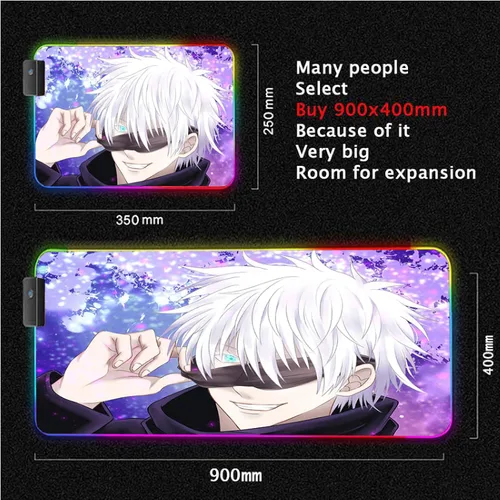 Vista 2 de Alfombrilla de mouse para videojuegos de anime Jujutsu con luz LED RGB, tapete de escritorio de anime Kaisen Boy Satoru Gojo XXL, alfombrilla