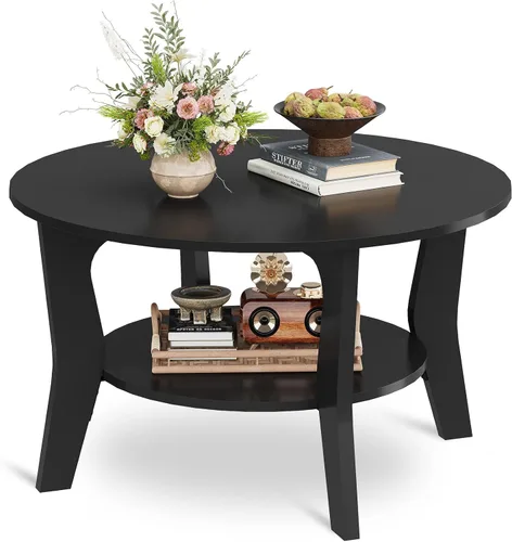 Vista 17 de WLIVE - Mesa de centro redonda, mesa de café pequeña de 32.6" con estante de almacenamiento, mesa de centro de madera de 2 niveles para sala