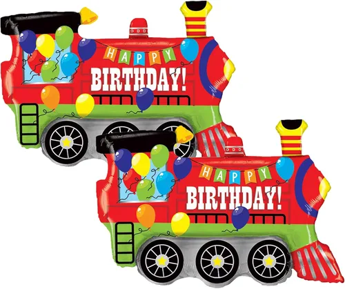 Vista 4 de Globo de fiesta de aluminio de 37 pulgadas con tren colorido de feliz cumpleaños