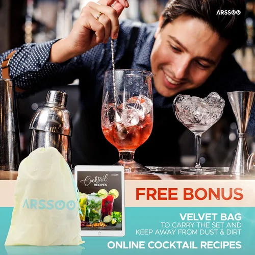Vista 7 de Mixology Bartender Kit de 16 piezas de coctelera de acero inoxidable de alta calidad y elegante soporte de bambú Perfecto para mezclar bebidas