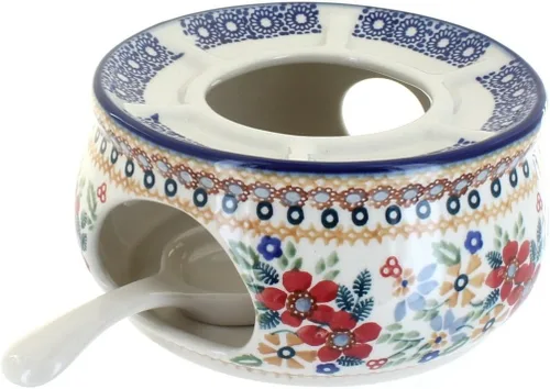 Vista 4 de Cerámica polaca de rosas azules, calentador de tetera de ramo de jardín naranja, 6.25 pulgadas de diámetro, soporte decorativo para tetera