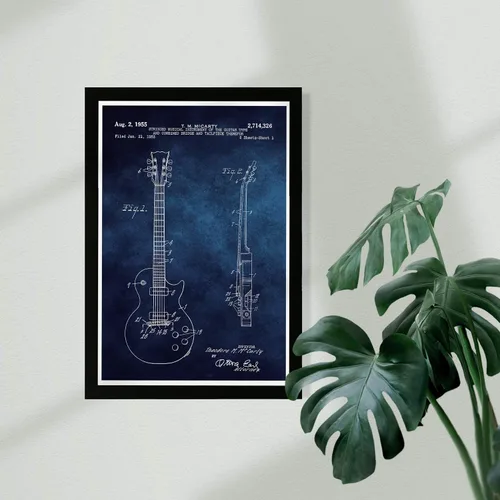 Vista 2 de Pintura artística enmarcada con guitarra, fotografía, impresión de patente 'Gibson Les Paul guitar 1955 Chalkboard', banda, habitación, decoración