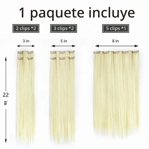 Vista 6 de Extensiones de cabello rubio con clip, lacio, de 22 pulgadas de largo, sintético, negro, grueso, 5 piezas para mujeres, bodas, fiestas, uso diario