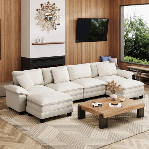 Vista 38 de Sofá seccional en forma de U de 123 pulgadas con cojines tipo nube, juego de sofá modular de asiento profundo con 5 asientos y 2 otomanos, brazos