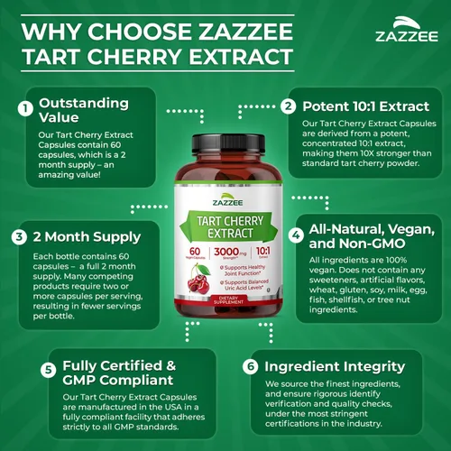 Vista 6 de Zazzee - Extracto de cereza agria 10:1, 60 cápsulas veganas, suministro para 2 meses Montmorency Cherry, Certified Kosher, Joint & Uric Acid