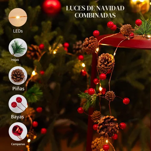 Vista 2 de Guirnalda de Navidad con luces, 6.7 pies, 20 luces LED de piña, funciona con pilas, guirnalda de Navidad con bayas rojas, guirnalda de luces