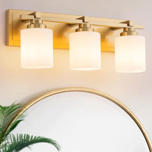 Vista 22 de 1 Luminaria Moderna de Baño sobre Espejo, Luces de Tocador Negro Dorado para Apliques de Pared de Baño con Pantallas de Vidrio Blanco Lechoso