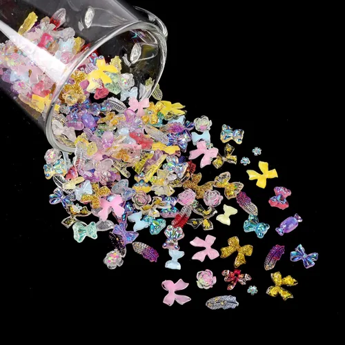 Vista 4 de COOSLIM 110 dijes de uñas 3D para uñas acrílicas, flor de camelia, rosa, mariposa, lazo, corazón, oso, conejo, estrella, para diseños de uñas