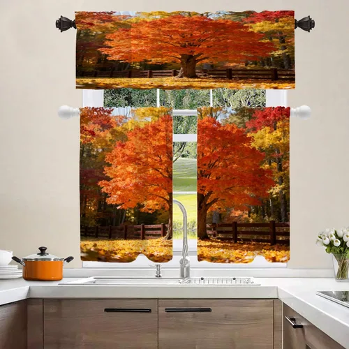 Vista 373 de Shrahala Orange Autumn Autumn Blackout Curtain Tiers, Fall Kitchen Valance Light Blocking Tier Drapes with Rod Pocket, 2 Pack 26 X 24 in