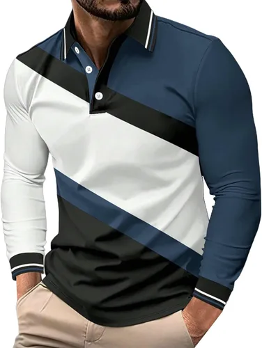 Vista 30 de Camisa polo para hombre, manga larga, cuello abotonado, bloque de color, moda para trabajo y golf