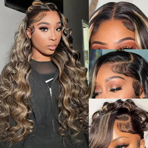 Vista 13 de Avolo Peluca de cabello humano con encaje frontal degradado de 22 pulgadas, prearrancado, 13x4, ondulado, encaje frontal, pelucas de cabello humano