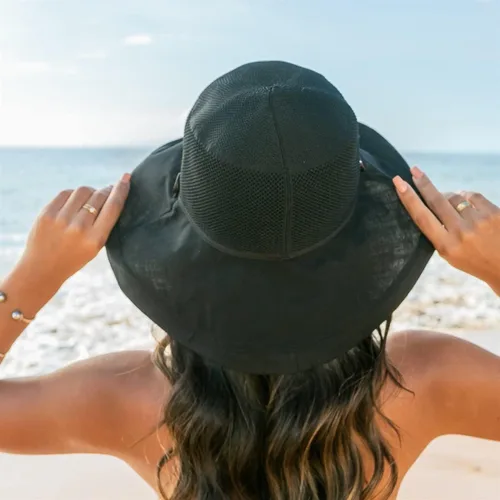 Vista 5 de Sombreros de malla de verano para mujeres con protección UV de ala ancha plegables para playa tipo bucket Negro
