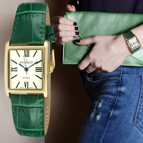 Vista 2 de Peugeot reloj de mujer enchapado en oro 14K, correa de cuero