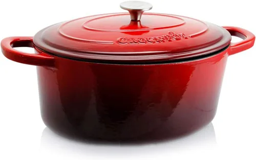 Vista 11 de Crock Pot Artisan - Cacerola redonda de hierro fundido esmaltado estilo horno holandés de 6 cuartos de galón, con tapa - Rojo degradado Rojo
