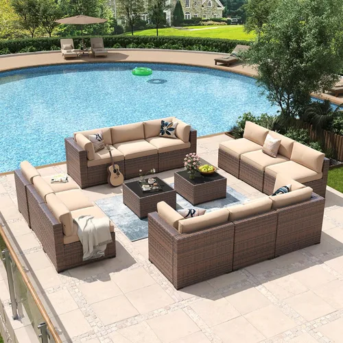 Vista 14 de Aoxun - Juego de 7 piezas de muebles de patio de mimbre de ratán, conjunto de sofá modular para conversación de patio con mesa de café y cojines