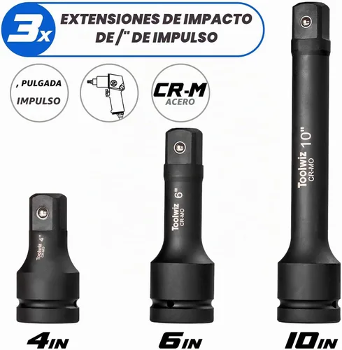 Vista 5 de Toolwiz - Barra de extensión de impacto de 1 pulgada, 4 pulgadas, 6 pulgadas, 10 pulgadas (3 piezas) de acero Cr-Mo