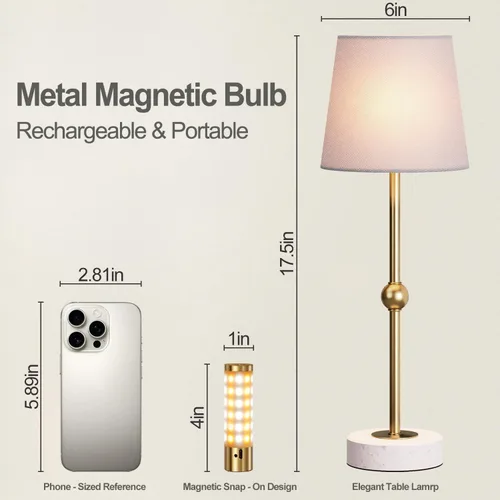 Vista 10 de Lámpara de mesa LED inalámbrica de 17.5 pulgadas, recargable y regulable con bombilla magnética desmontable, base de mármol, acabado de latón, luz