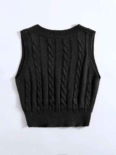 Vista 2 de OYOANGLE Suéter de punto trenzado con cuello en V para mujer, sin mangas, acanalado