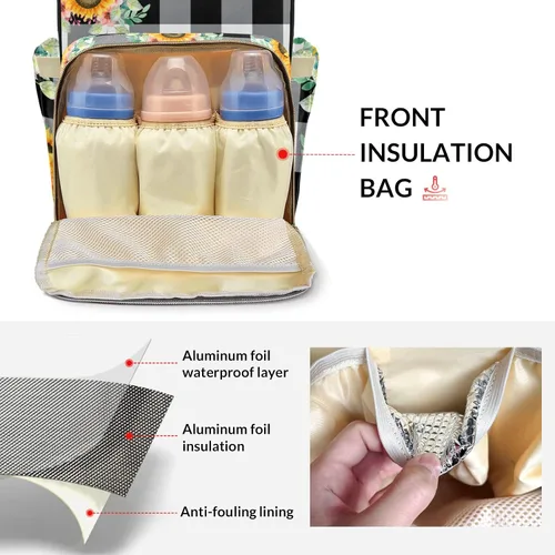 Vista 5 de Mochila de pañales con patrón de girasol con nombre, bolsa multifunción de gran capacidad para mamá, papá, unisex, niño y niña, Diseño 1, Mochilas