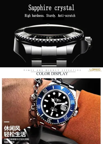 Vista 7 de LOREO Reloj automático de acero inoxidable plateado para hombre, con bisel giratorio, cristal de zafiro, negro