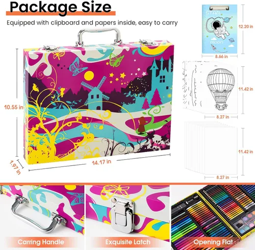 Vista 7 de Suministros de arte, juego de 180 piezas para dibujar y pintar para niños, niñas, niños, adolescentes, juego de arte para colorear con estuche
