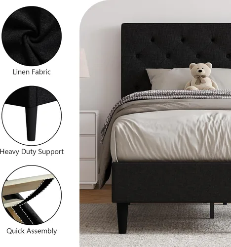 Vista 4 de HOMBCK Base de cama de tamaño individual con cabecera, base de cama tapizada con plataforma de lino para niños, base de cama de tamaño individual