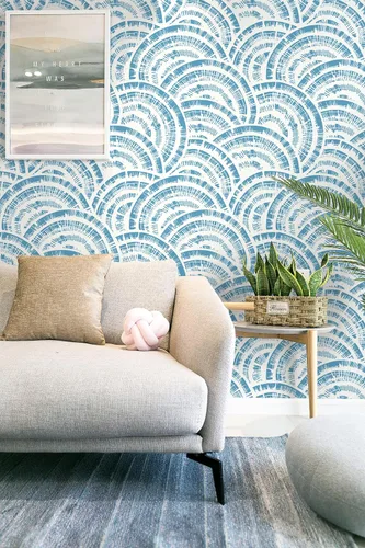 Vista 3 de Toduso Papel tapiz geométrico de 17.3 x 196.8 pulgadas, papel tapiz para despegar y pegar, papel de pared de círculo azul blanco y azul, papel