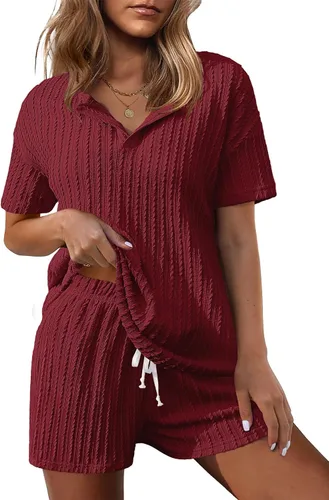 Vista 3 de Ekouaer Conjunto de pijama de punto acanalado para mujer, conjunto de 2 piezas, camiseta de manga corta y pantalones cortos, conjuntos de pijama