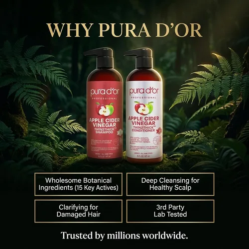 Vista 6 de PURA D'OR Set de champú y acondicionador de vinagre de manzana Thin2Thick (16 onzas x 2) Champú y acondicionador de vinagre de manzana ACV