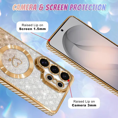 Vista 414 de Bonoma - Funda compatible con Samsung Galaxy S21 Plus, diseño de corazón con purpurina, color rosa Support for MagSafe, Plating Magnetic Case TPU