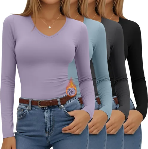 Vista 15 de Paquete de 4 camisas térmicas de manga larga para mujer, con forro polar, cuello en V, ropa interior ajustada, capa base, básica, tops cálidos