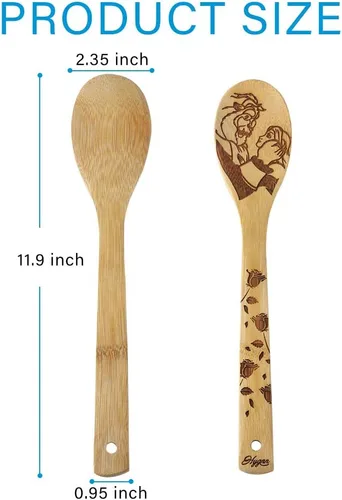 Vista 2 de Beauty and the Beast Juego de cucharas de madera quemadas para cocinar y servir, cuchara de bambú ranurada, utensilios de cocina, idea de regalo