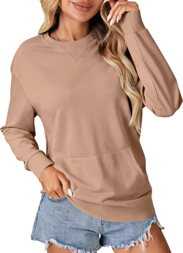 Vista 27 de OPOIPIN Suéter con bolsillo de manga larga y cuello redondo para mujer, estilo casual